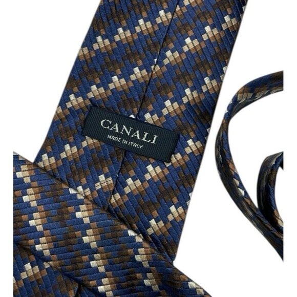 CANALI Men's 100% Silk Necktie LUXURY Tie Blue Brown Beige Geometric W:3.7" EUC - Picture 2 of 4